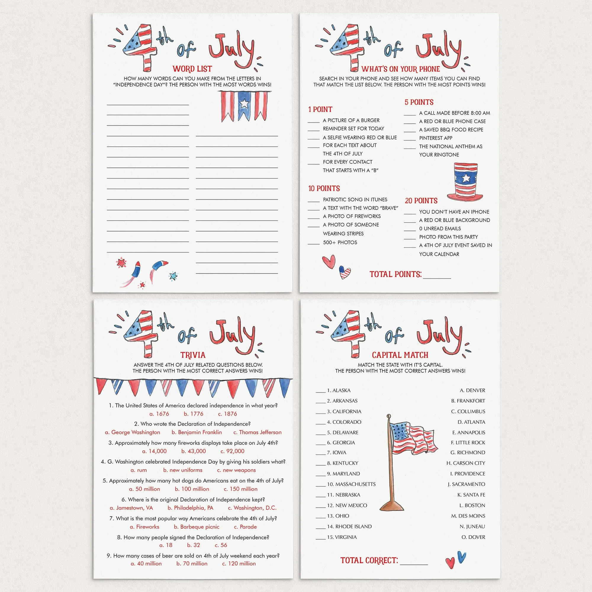 4th of July BBQ Games Bundle Instant Download