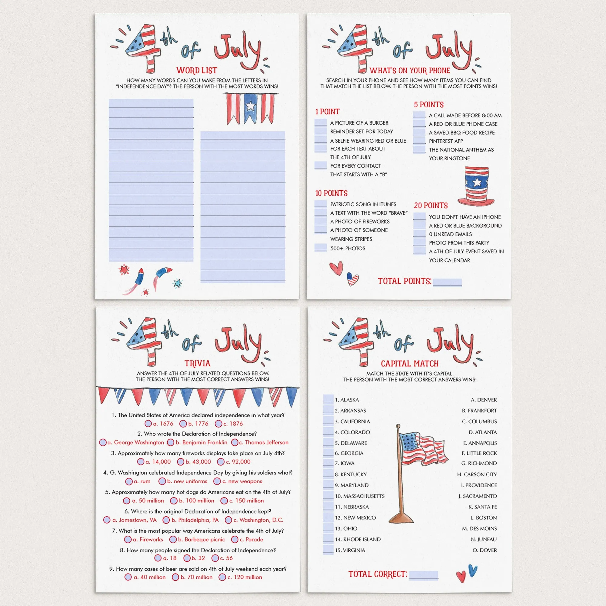 4th of July BBQ Games Bundle Instant Download