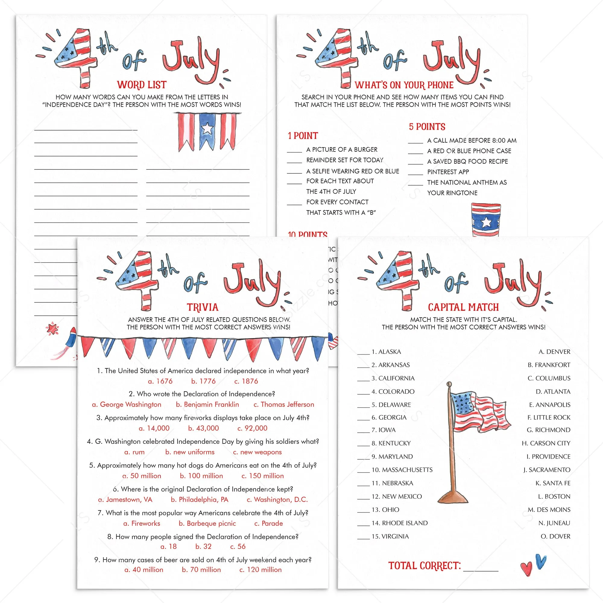 4th of July BBQ Games Bundle Instant Download