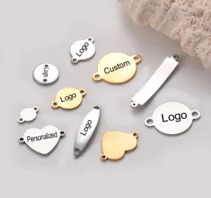 50 Pcs Custom Connector Charms,, Personalized Rectangle Connector Charm, Stainless Steel Silver Laser Engraved, DIY Centerpiece Bar Jewelry