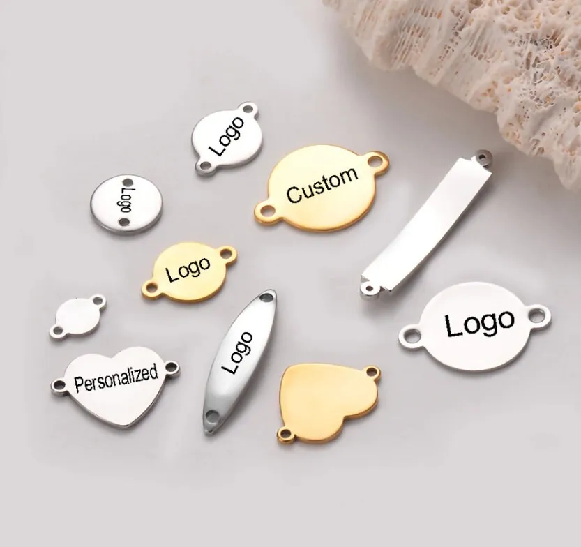 50 Pcs Custom Connector Charms,, Personalized Rectangle Connector Charm, Stainless Steel Silver Laser Engraved, DIY Centerpiece Bar Jewelry