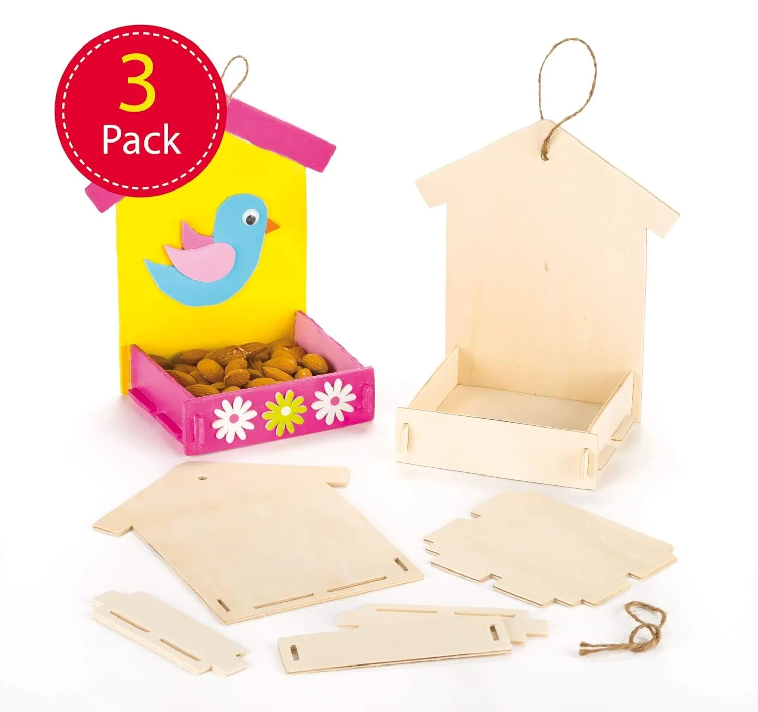 American Elm Pack of 3 Wooden Bird Feeder Kits, Bird Feeder Decorate for Kids Arts and Crafts MDF Craft for Kids