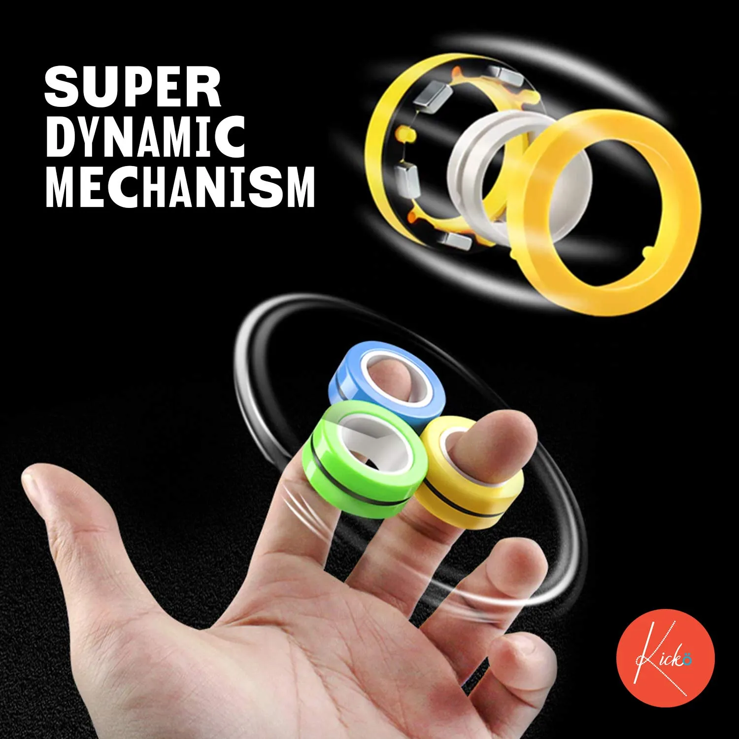 Kicko Magnetic Fidget Rings - 6 Pack - Neon Blue, Green, Orange - Magic Spinning Sensory
