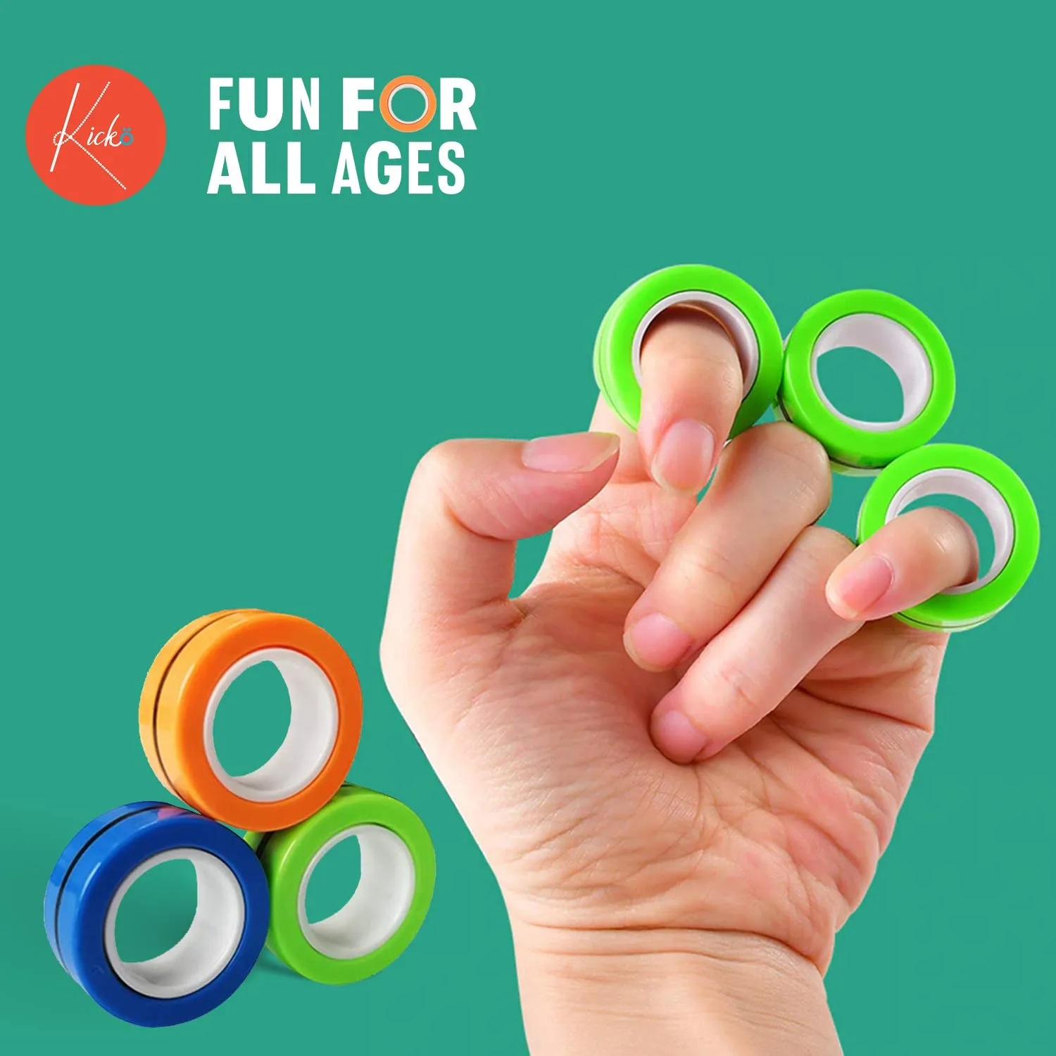 Kicko Magnetic Fidget Rings - 6 Pack - Neon Blue, Green, Orange - Magic Spinning Sensory