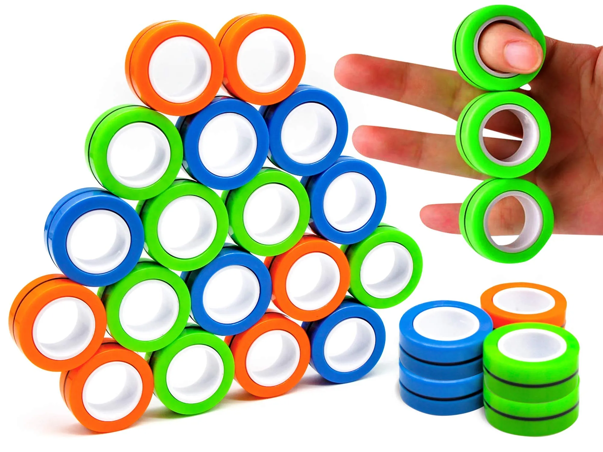 Kicko Magnetic Fidget Rings - 6 Pack - Neon Blue, Green, Orange - Magic Spinning Sensory