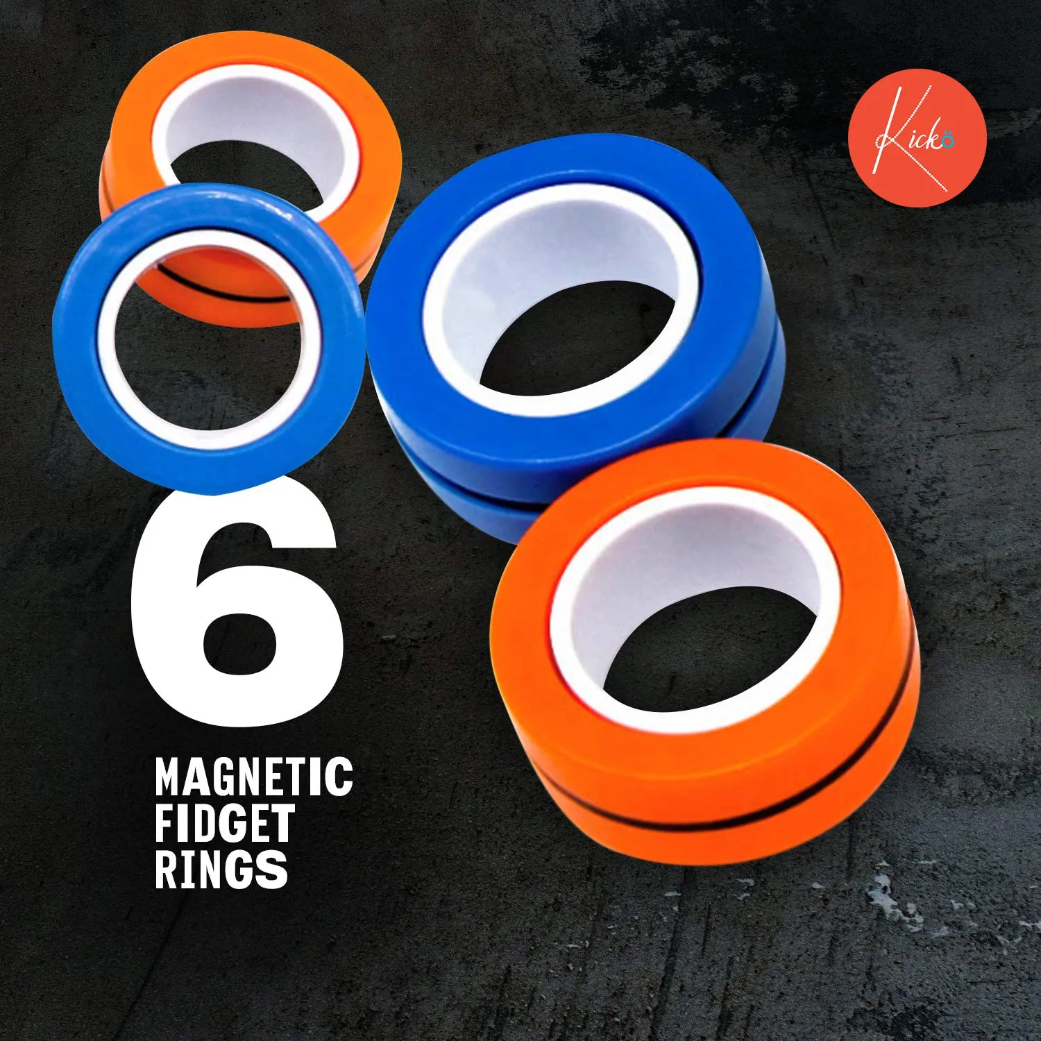 Kicko Magnetic Fidget Rings - 6 Pack - Neon Blue, Green, Orange - Magic Spinning Sensory