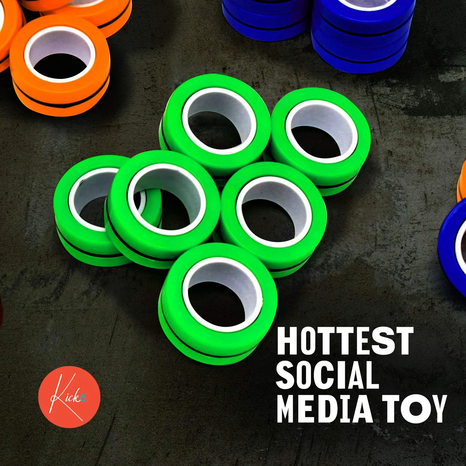 Kicko Magnetic Fidget Rings - 6 Pack - Neon Blue, Green, Orange - Magic Spinning Sensory