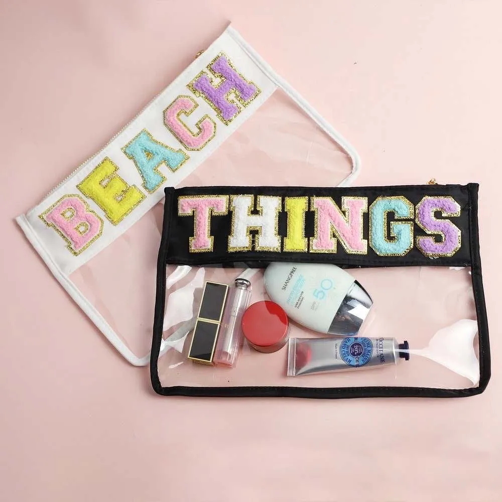 Personalized Waterproof Pvc Zipper Toiletry Bag Transparent Chenille Letter Patches Makeup Organizer Bag Clear Cosmetic Bag - Assorted Designs