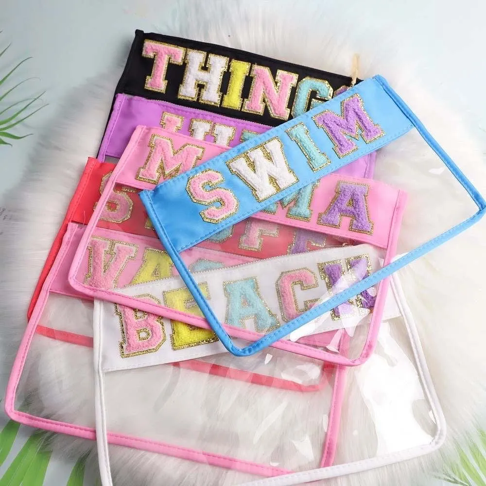 Personalized Waterproof Pvc Zipper Toiletry Bag Transparent Chenille Letter Patches Makeup Organizer Bag Clear Cosmetic Bag - Assorted Designs