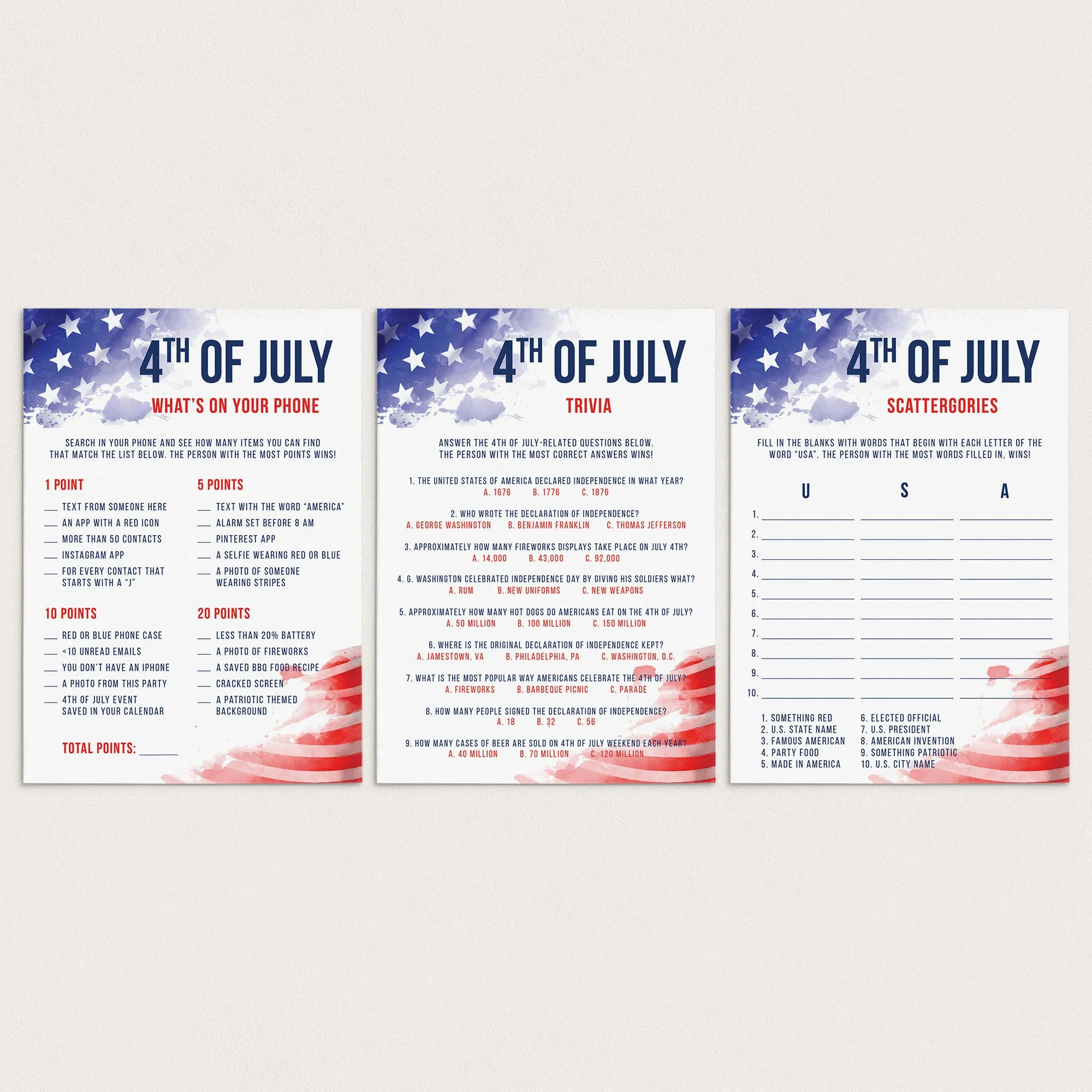 Printable 4th of July Party Games Red White and Blue