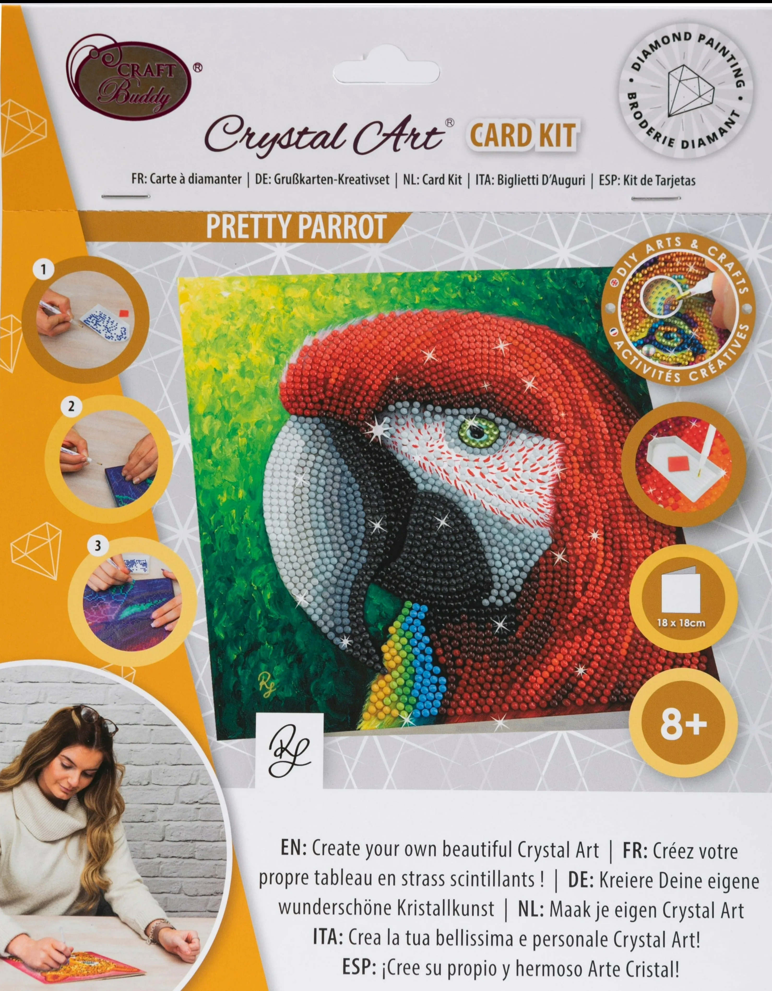 "Pretty Parrot" Crystal Art Card by Rachel Froud 18x18cm
